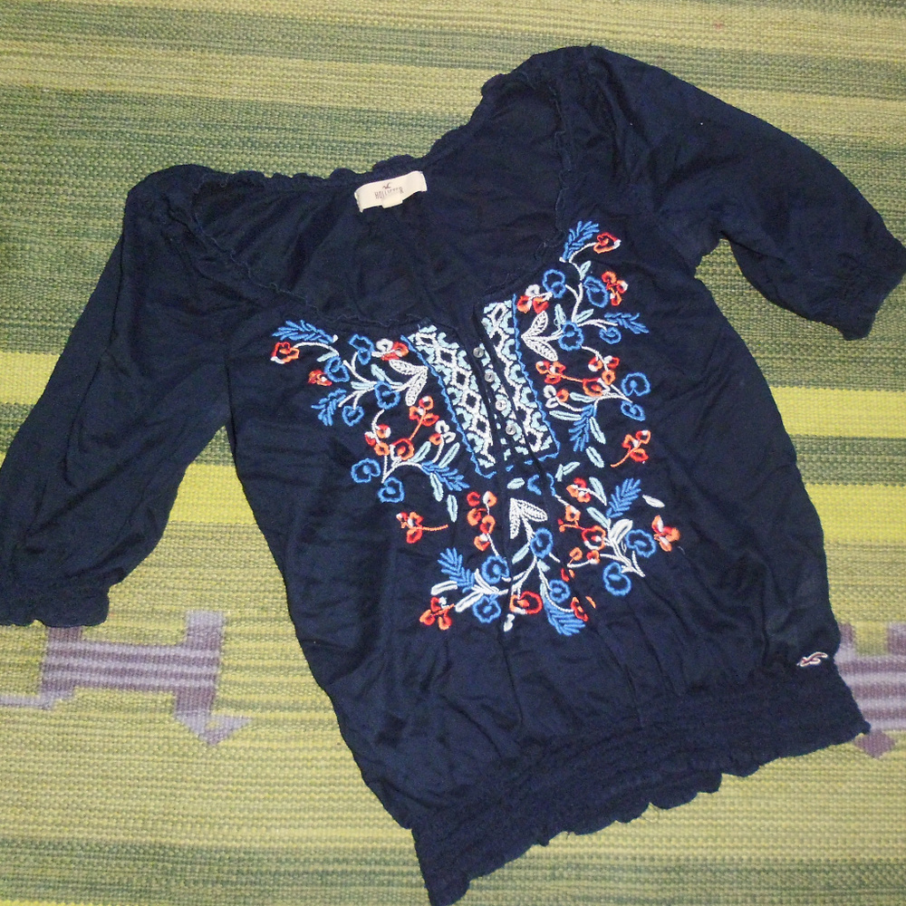 Hollister navy semi sheer boho embroidered top S
